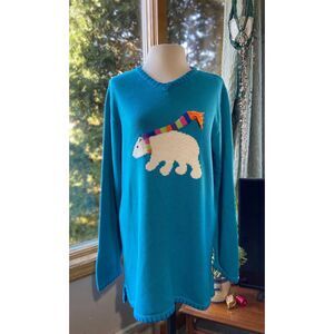 Vtg Quacker Factory Turquoise Long V-Neck Sweater Polar Bear w Scarf sz‎ Med